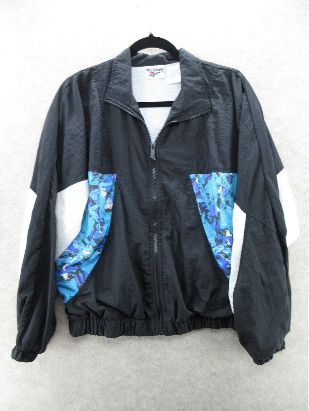 Vintage Reebok Windbreaker Jacket Black Blue Abstract Full Zip 90s Medium